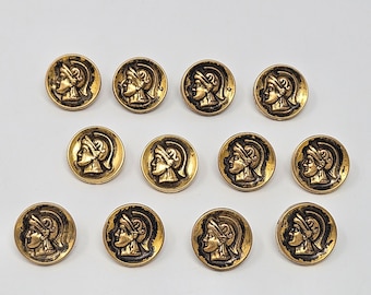 12 pcs Spartan Head Silver or Gold Molded Plastic Sewing Shank Buttons 15mm Round Vintage