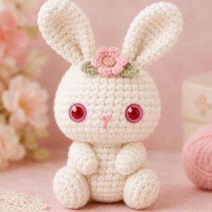 Puede incluir: Un peque&ntilde;o conejo de ganchillo color crema con orejas largas, ojos brillantes de color rosa oscuro y una nariz bordada en rosa. Una peque&ntilde;a flor de ganchillo rosa claro con dos hojas verdes est&aacute; sujeta en la parte superior de la cabeza.