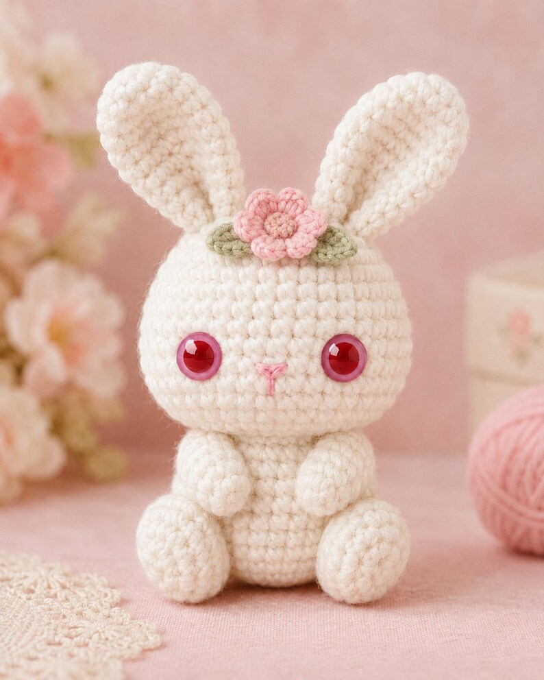 Puede incluir: Un peque&ntilde;o conejo de ganchillo color crema con orejas largas, ojos brillantes de color rosa oscuro y una nariz bordada en rosa. Una peque&ntilde;a flor de ganchillo rosa claro con dos hojas verdes est&aacute; sujeta en la parte superior de la cabeza.