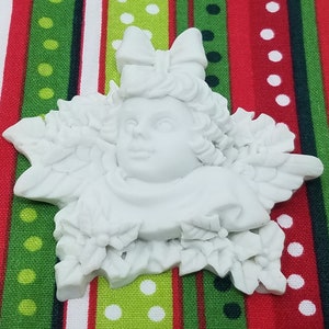 Lot of 4 Vintage White Resin Alabaster Cherub Angel with Holly Leaves Plaque Craft Christmas Decoration
