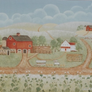 Puede incluir: Una pintura que representa un paisaje rural con dos graneros rojos, una granja blanca y un camino de tierra sinuoso. La escena se desarrolla en un campo con hierba verde y flores blancas. La pintura está titulada "1855" y "Blacksmith Shop & Honey".