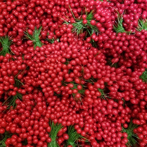 Könnte beinhalten: Nahaufnahme einer großen Menge roter Beerenstiele. Die Beeren sind dicht beieinander und scheinen aus Kunststoff oder künstlichem Material zu sein.