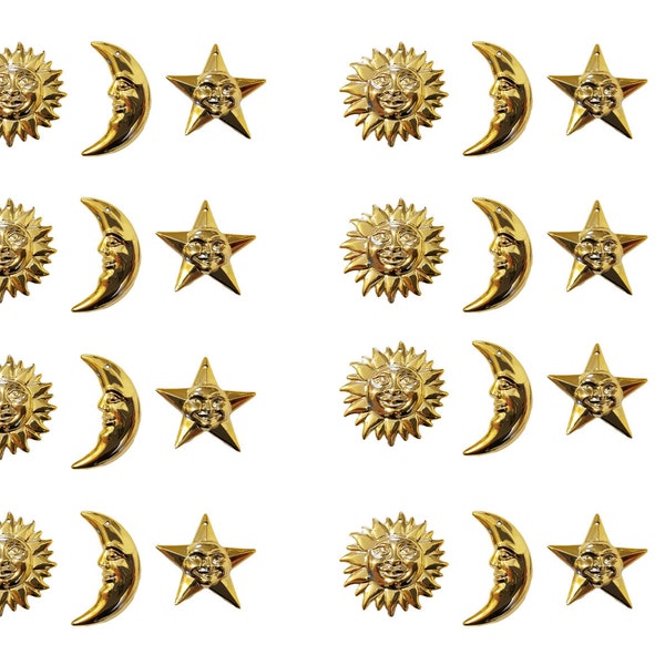 24 pcs Celestial Sun Moon & Star with Face Gold Plastic Puffy Charms Craft Accents