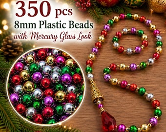 350 Mercury Glass Look Beads - 8mm Round Metallic Plastic Beads for Christmas Ornaments & Garlands - Vintage Style - Choose Color