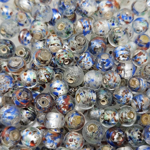 Pack of 100 Translucent Multi-Color Confetti 6mm Round Silver Foil Lined Glass Jewelry Beads