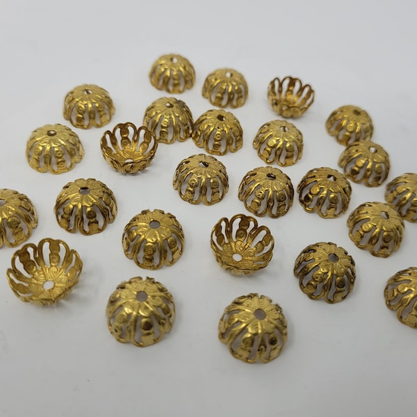 Pack of 25 Vintage Gold Tone Brass Metal Filigree Bead Caps 14mm Round for Beading Crafts