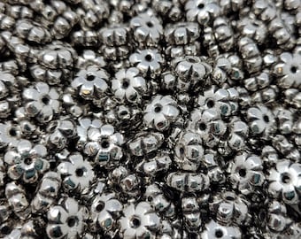 Pack of 100 Metallic Antique Silver Flower 11mm Round Plastic Spacer Beads for Crafts, Jewelry