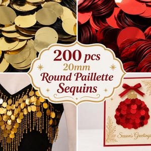 200 Vintage-Pailletten, 20 mm, rund – Gold oder Rot, Metallic, flach, zum Nähen, für Kostüme, Ornamente, Kartenherstellung und Bastelarbeiten