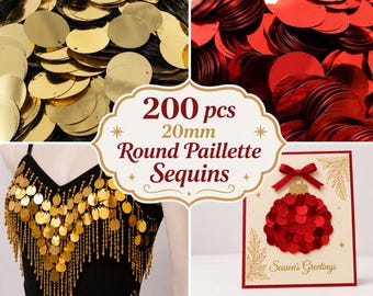 200 lentejuelas redondas vintage de 20 mm – Lentejuelas planas metálicas doradas o rojas para costura, disfraces, adornos, tarjetas y manualidades.