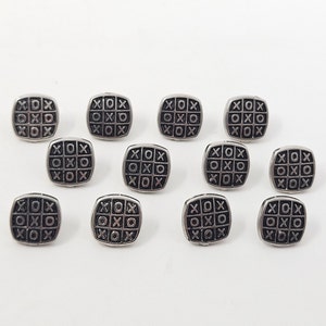 12 pcs XOXO Tic Tac Toe Silver Molded Plastic Sewing Buttons 11mm Square Vintage
