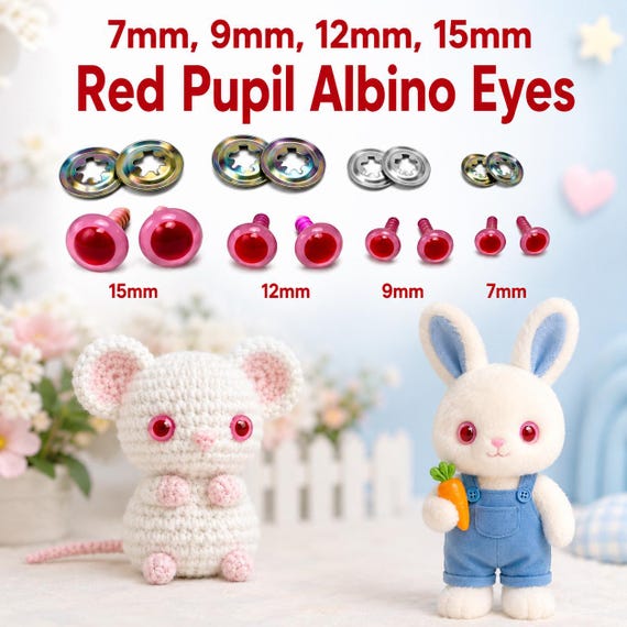 Red Safety Eyes for Crochet & Amigurumi - Vintage Zim's Pink Albino Bunny Eyes with Washers - 7mm 9mm 12mm 15mm
