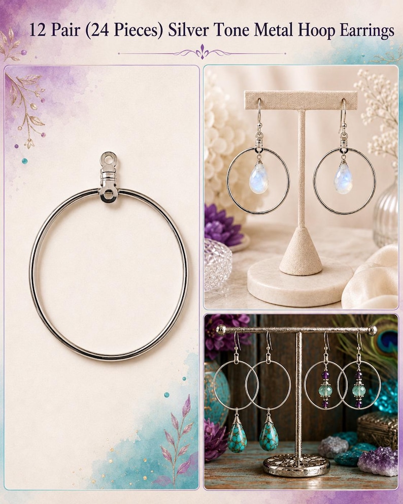 12 pares de aros de metal plateado para pendientes, componentes para bisutería, accesorios para abalorios, 32 mm (1-1/4"). imagen 1