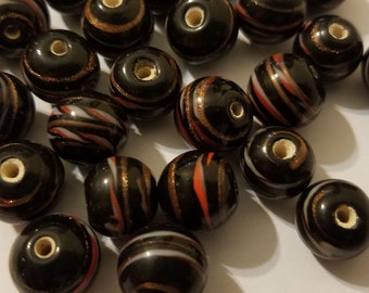 Pack of 50 Black, Bronze, White & Red Handmade Painted Glass 10mm Round Beads for Jewelry Crafts