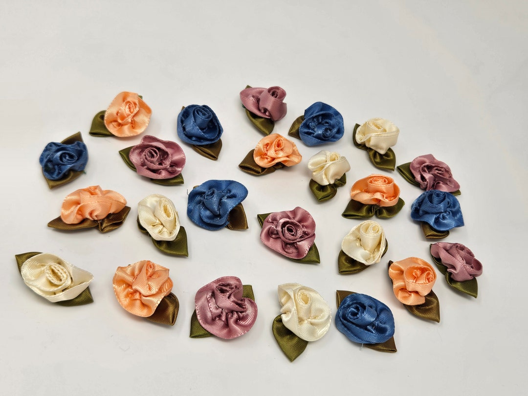 24 Pcs Satin Swirl Ribbon Rose Heads With Leaves Sewing Applique Roses ...