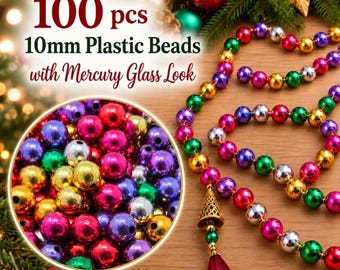100 Stück Quecksilber Glas-Look Perlen - 10 mm runde Metallic Kunststoff Perlen für Weihnachtsschmuck & Girlanden - Vintage Style - Farbe wählen