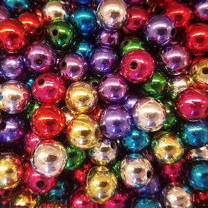 Lot of 100 Loose Artificial Plastic Pearls Large 12mm Round Metallic Christmas Craft Beads