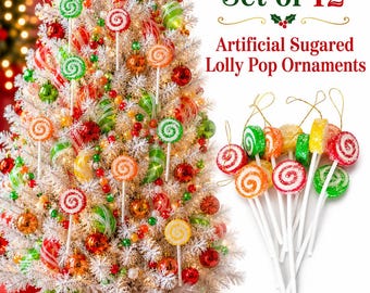 Set of 12 Vintage Style Sugared Lollipop Christmas Ornaments, Artificial Candy Decorations, Plastic Peppermint Swirl Picks, Candy Tree Decor