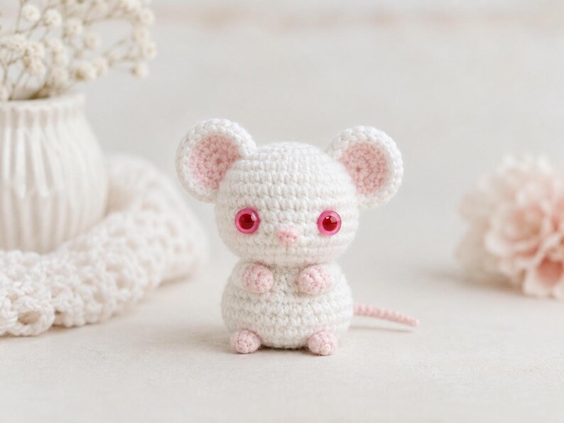 Puede incluir: Un peque&ntilde;o rat&oacute;n de ganchillo blanco con orejas grandes y redondas con centros de color rosa claro. El rat&oacute;n tiene ojos rosas brillantes, una nariz peque&ntilde;a de color rosa, patas rosas peque&ntilde;as y una cola rosa a juego, con textura de punto.