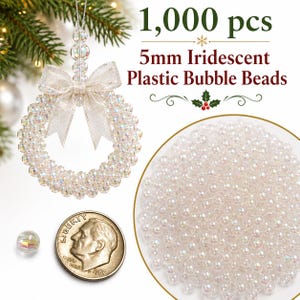 1,000 Clear AB Iridescent Plastic Bubble Beads 5mm Transparent Round Beads for Christmas Ornaments, Jewelry Making, Garlands & Crafts