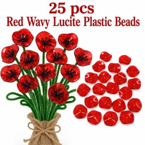 25 Red Wavy Lucite Plastic Beads, 32mm Flower Petal Beads, Vintage Style Acrylic Craft Beads, Jewelry Making Supplies, Floral Beads