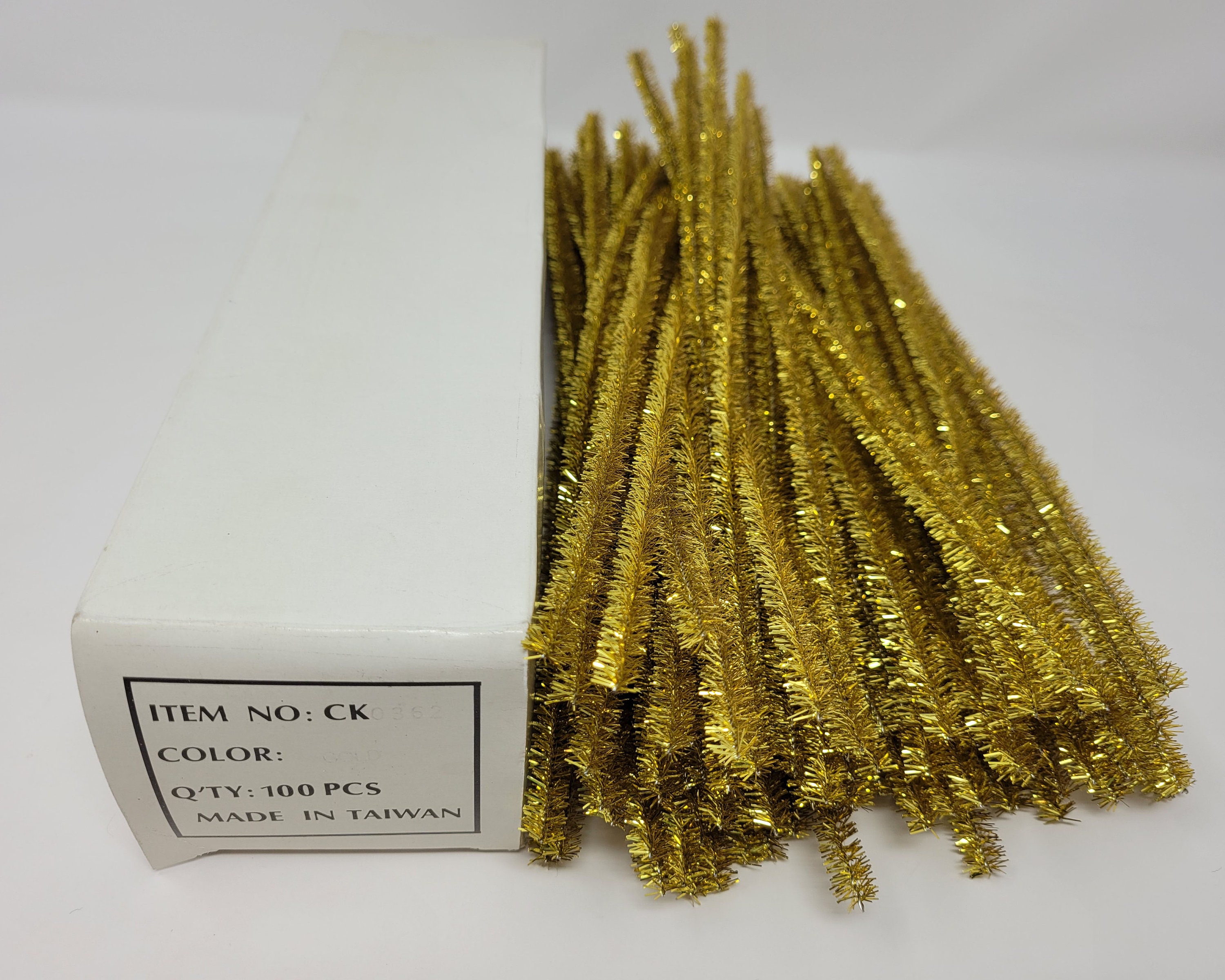 Box of 100 Metallic Christmas Gold Wired Tinsel Chenille Stems Craft Pipe  Cleaners 12 X 10mm 3/8 