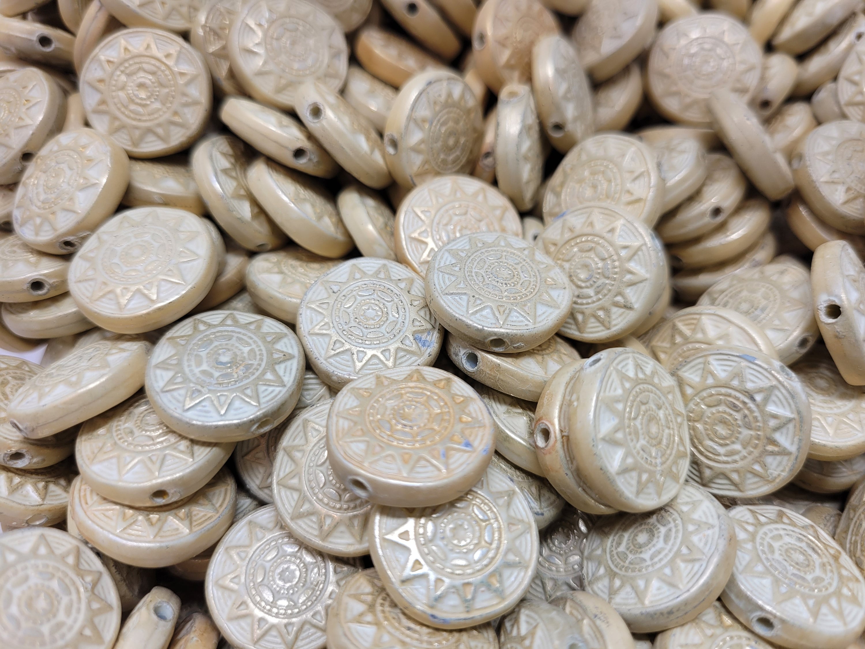 Pack of 100 Gold Aztec Sun Faux Coins Flat Round 18mm Resin Beads for Jewelry, Beading, Crafts