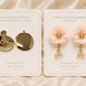May include: Two cards display earring components. One shows a gold clip-on finding with a 22mm round pad and loop. The other card features finished clip-on earrings with peach-colored flower designs and dangling beads. Text on the cards reads "Handmade with love".