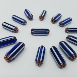 15 pcs Blue & Orange Striped 26mm Starburst Tube Layered Glass Chevron Jewelry Beads Made in India