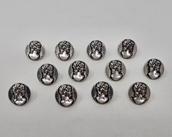 12 pcs Greek or Roman Lady Cameo Head in Profile Antique Silver or Gold Molded Plastic Sewing Buttons Vintage