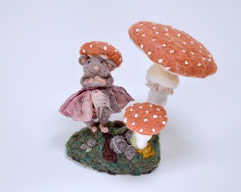 Among the Toadstools, Needle Felted Sculpture, Mouse and Mushrooms, Natural Dyed