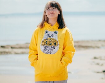 Yellow Bear Hoodie Silk Screen Printed 'Bear with Sunflowers' Illustrated Hoodie