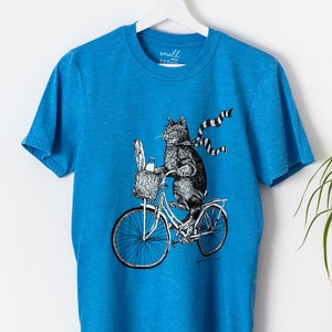 Blue Cat Tee 'Pascal The Cat' Original Screen-Printed Cat on a Bicycle Illustration Heather Blue Unisex T-Shirt