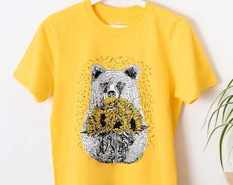 Yellow Bear T-Shirt Silk Screen Printed 'Bear with Sunflowers' Illustrated Tee