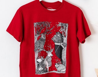 Christmas T-Shirt Silk Screen Printed Woodland Animals Unisex Tee