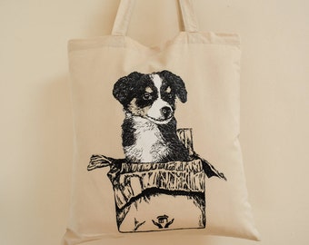 Puppy Tote Bag Cute Mini Australian Shepherd Silk Screen-Printed Shopping Bag