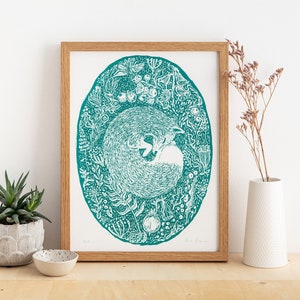 Woodland Fox Print Turquoise Green Original Silk Screen-Printed Illustration by Anna Palamar