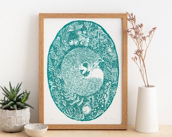 Woodland Fox Print Turquoise Green Original Silk Screen-Printed Illustration by Anna Palamar
