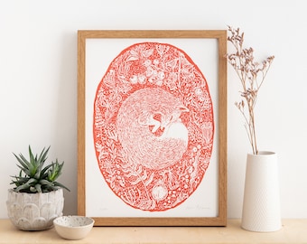 Woodland Fox Screen Print in Crimson Red