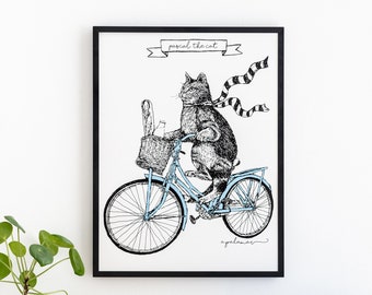 Cycling Cat Print 'Pascal The Cat' Illustration Silk Screen Printed Wall Art