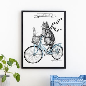Cycling Cat Print 'Pascal The Cat' Illustration Silk Screen Printed Wall Art