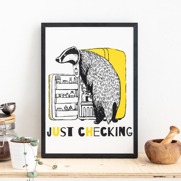 Cheeky Badger Print 'Just Checking' Fridge Checker Kitchen Wall Art
