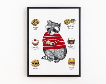 Cute Raccoon with Cakes Print A3