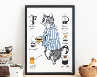 Cat with a Coffee Print A4