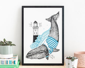 Whale Screen Print Art Mural A4
