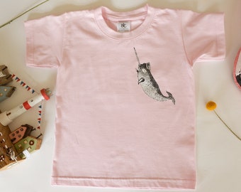 Narwhal Kids T-Shirt Hand Screen Printed in Wales