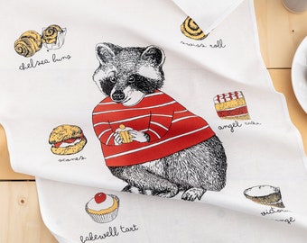 Raccoon Loves Cakes Tea Towel