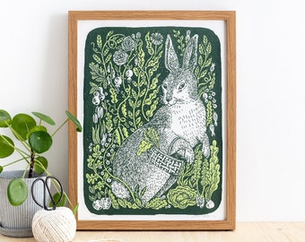 Hare in the Garden Screen Printed 2 Colour Illustration