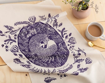 Fox Tea Towel Silk Screen Printed Woodland Kitchen Towel