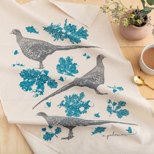 Pheasant Tea Towel Hand Screen Printed Pheasant & Acorn Cotton Towel Gray&Turqiouse