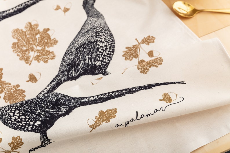 Pheasant Tea Towel Hand Screen Printed Pheasant & Acorn Cotton Towel image 2